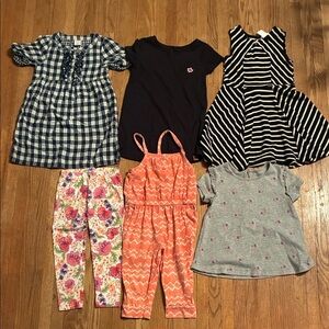 Assorted Kids Casual Clothes. 3 dresses, 1 romper, 1 legging and one tee